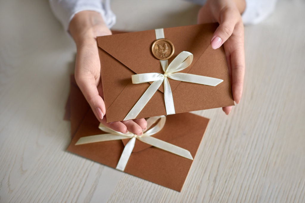 closeup female hands holding bronze invitation envelope with wax seal of gift certificate voucher